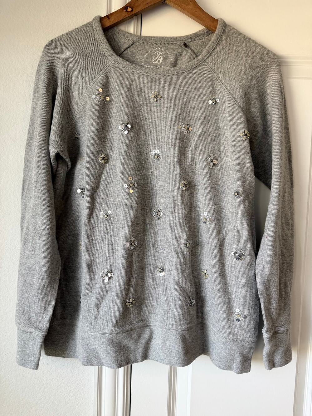 Tommy Bahama Women's Medium Jewel Embellished Gray Ribbed Preppy Sweater